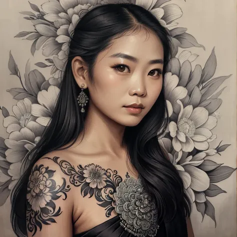 tattoo, Silky, a charcoal drawing, a Thai woman named Lila, daisy, detailed background, ((masterpiece, high quality, highly detailed, intricate detail))
