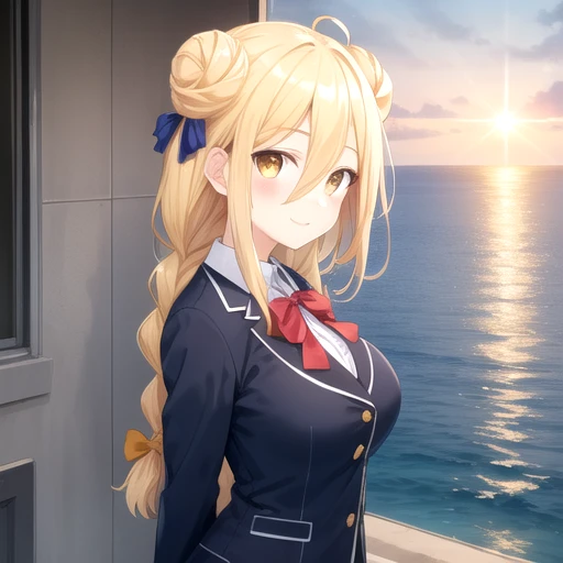 ((masterpiece)),(best quality),official art,extremely detailed CG,unity 8k wallpaper,ultra detailed,A lighthouse on a cliff by the sea,1girl,solo,upper body,(portrait:1.2),looking at viewer,hoshimiya mukuro,very long hair,hair bun,double bun,arms behind ba...