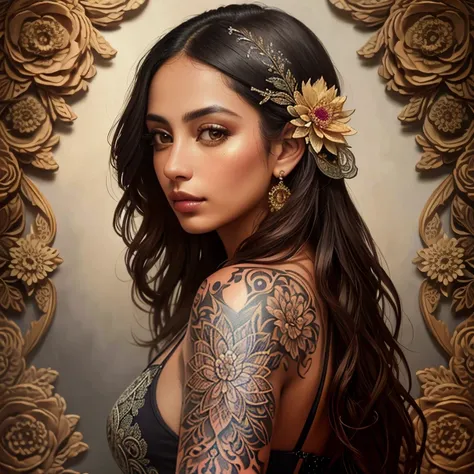 tattoo, Breathtaking, a character portrait, a Colombian woman named Paisley, dahlia, detailed background, ((masterpiece, high quality, highly detailed, intricate detail))
