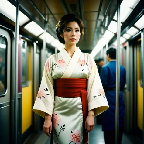 cinematic film still of Kodak Motion Picture Film: (Sharp Detailed Image) An Oscar winning movie for Best Cinematography a woman in a kimono standing on a subway train in Japan Kodak Motion Picture Film Style, shallow depth of field, vignette, highly detai...