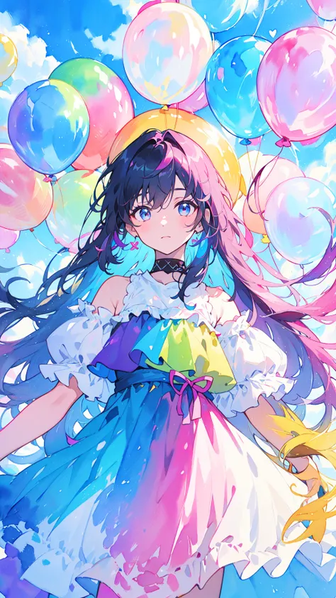 best quality,(masterpiece:1.3),ultra-detailed,1girl,Abstract watercolor painting of a little girl,rainbow colors::1,colorful background,colorful hair,long hair,colorful dress,balloon,abstract watercolor painting of cartoon clouds with emoji,rainbow colors,...