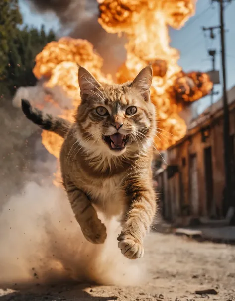 A cinematic shot of a (cat:1.3) in mid-air, (leaping out of an explosion:1.2), dramatic backdrop of fiery bursts, smoke tendrils, intense motion, high contrast, (feline agility:1.1), wide angle lens, Hollywood blockbuster vibe, dynamic pose, hero moment, a...