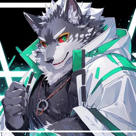 monomasa, furry, male, solo focus, wolf, tail, by kiyosan, by yupa, (by null-ghost:0.8), (by drks:0.2), detailed eyes, black pupils, green eyes, red sclera, (yellow eyeshadow:0.8), white coat, official art, illustration, (user avatar:1.2), grid background,...