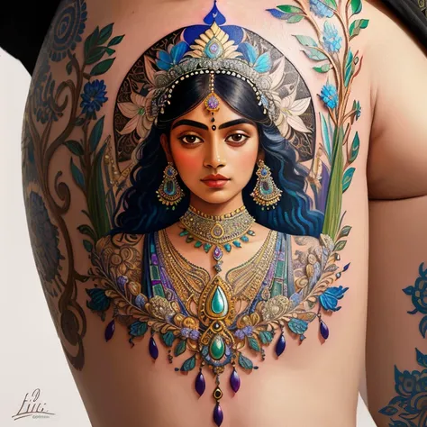 tattoo, Opalescent, a cubist painting, a Indian woman named Lila, lily, detailed background, ((masterpiece, high quality, highly detailed, intricate detail))