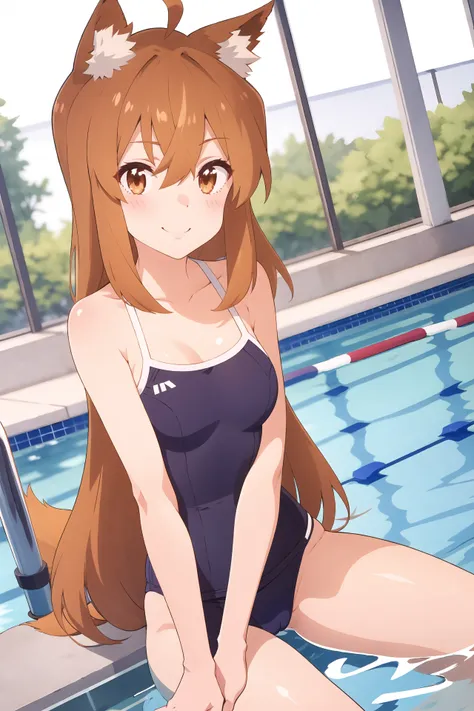Masterpiece, best quality, perfect lighting, 1girl, solo, suzu, fox ears, fox tail, brown eyes, orange-brown hair, swimsuit, medium hair, ahoge, hair between eyes, swimming pool scene, smile, front view, <lora:SuzuFix-4.0:0.75>
