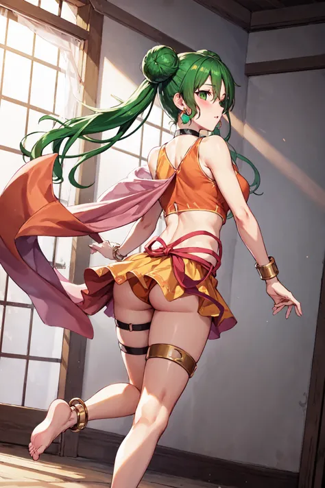 from behind,ass,blush, wind,<lora:silviaV1:0.85>,silvia,anklet, barefoot, jewelry,double bun,  navel, midriff, bracelet, earrings, skirt,choker, thigh strap, thighlet, crop top, shawl , indoors,(masterpiece, best quality, ultra-detailed, best shadow)