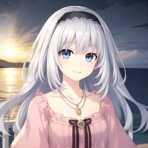 ((masterpiece)),(best quality),official art,extremely detailed CG,unity 8k wallpaper,ultra detailed,A lighthouse on a cliff by the sea,1girl,solo,upper body,(portrait:1.2),looking at viewer,arusu maria,pink dress,necklace,black thighhighs,blue eyes,hairban...