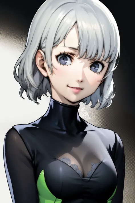 upper body, solo, 1girl, smile, medium breasts, light grey hair, silver eyes, beautiful detailed face, light blue compression shirt, bright, Bird_of_Paradise (flower), floral background <lora:Soejima_render_style_v01.09:1>