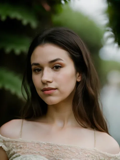Realistic photo of a beautiful gr4c3f woman,1girl,solo,long hair,looking at viewer,smile,brown hair,black hair,brown eyes,upper body,parted lips,blurry,lips,blurry background,portrait,realistic,soft lighting, professional Photography, Photorealistic, detai...