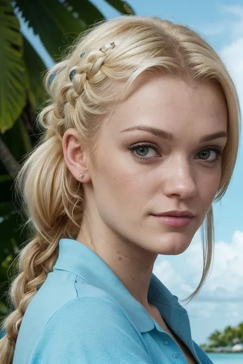 portrait of S270_ZoeyPaige,a gorgeous woman,on a (tropical-island:1.2),wearing a (polo-shirt:1.1),(braid),(4k, RAW photo, best quality, depth of field, ultra high res:1.1),(absurdres, intricate, photorealistic, masterpiece, ultra-detailed:1.2),