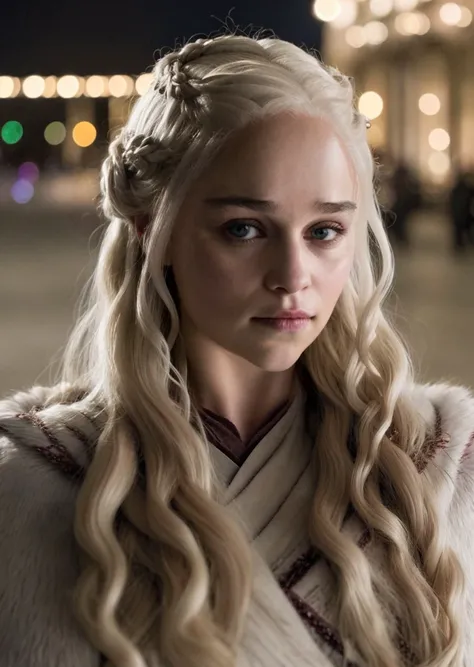 <lora:emlclrk2-24:1> a photo of emlclrk2, long wavy hair,braided hair,daenerys jacket,smile,canon powershot,looking at viewer,(extreme close-up:1.2),city street,night,neon lights,masterpiece,highly detailed,8k,bokeh,extreme dof,soft lighting