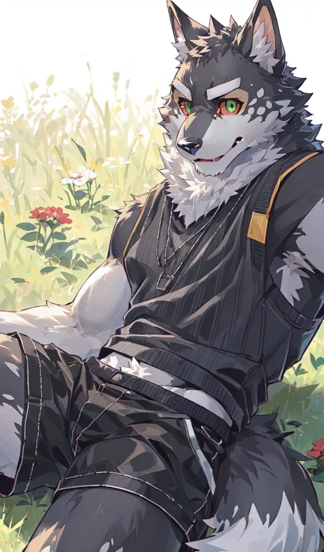 monomasa, best quality, masterpiece,
furry, wolf, canid, solo focus, slim male, taller male,
black pupils, red sclera, green eyes, bright eyes, detailed eyes,
clothing, black tank top, shorts, sneakers,
smile, playful, selfie, lying, on back, grass,
by rac...