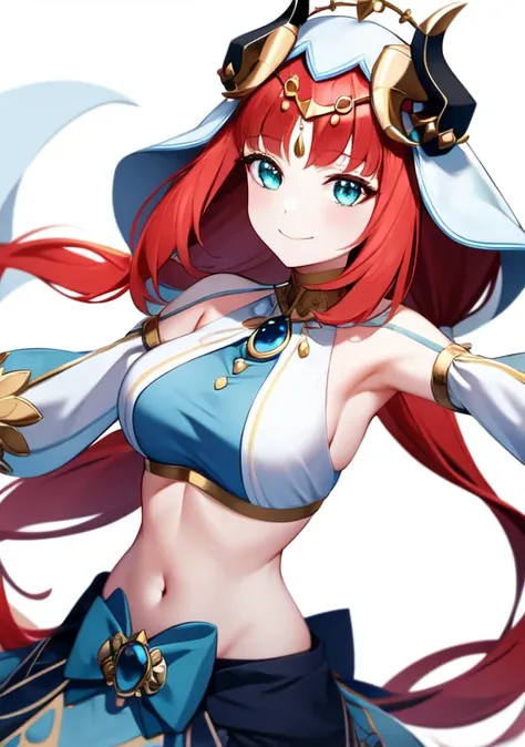 <lora:nilou:0.7>,1girl, solo, long hair, breasts, looking at viewer, smile, bangs, skirt, simple background, long sleeves, white background, bow, navel, bare shoulders, twintails, jewelry, medium breasts, closed mouth, red hair, detached sleeves, horns, mi...