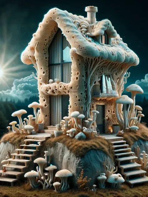 scifi, Psychedelic ,Mycelia,spongy, house on a hill <lora:ral-mycelium-sdxl:1> ral-mycelium