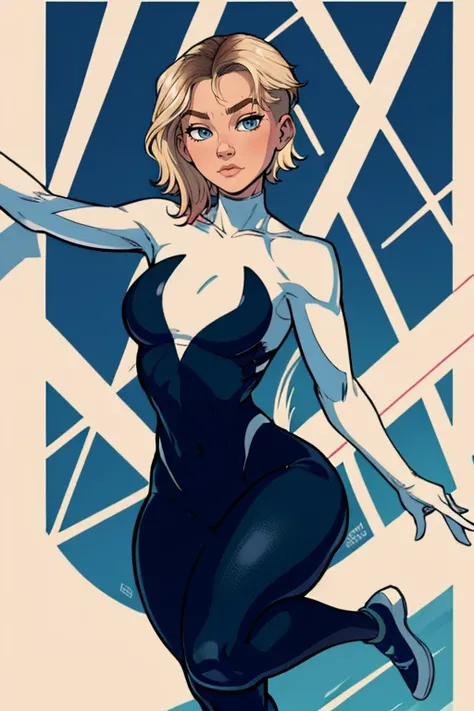 masterpiece,best quality,extreme detail,8k,image sharpness,<lora:Gwen:1>,gwendolyn,1girl,solo,short hair,blue eyes,blonde hair,standing pose,(curvy), jumping from a skyscraper