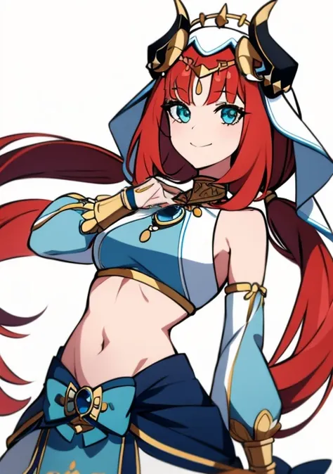 <lora:nilou:0.7>,1girl, solo, long hair, breasts, looking at viewer, smile, bangs, skirt, simple background, long sleeves, white background, bow, navel, bare shoulders, twintails, jewelry, medium breasts, closed mouth, red hair, detached sleeves, horns, mi...