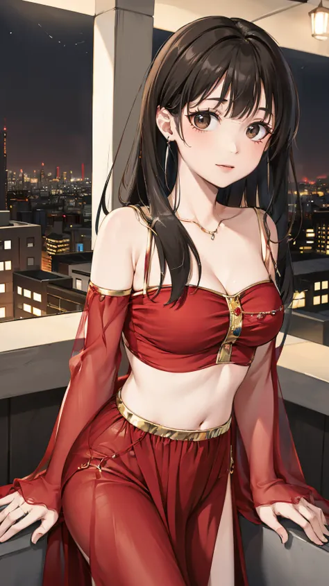 best quality,HDR,UHD,8K,Vivid Colors,solo,photo_(medium),pov,cute & girly,(night:1.4),(looking at viewer:1.5),city lights,rooftop,standing,<lora:rc36:0.8>,rc,breasts,jewelry,midriff,red dress,<lora:momo:0.5>,