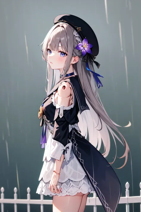 masterpiece, best quality, highres, aaherta, long hair, grey hair, hair flower, beret, black headwear, joints, choker, key, sailor collar, shoulder cutout, white dress, detached sleeves, <lora:herta_v1:0.7>, rain, wet, from side, standing, cowboy shot,