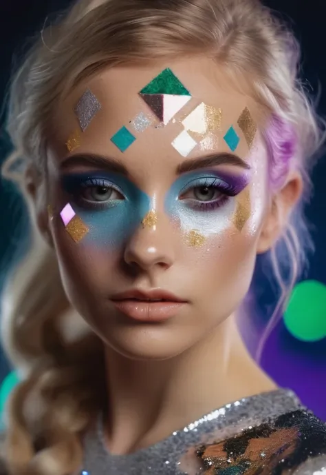 portrait photo of an 20 years old european blonde haired woman, (face makeup with colored geometric shapes and glitter), enjoyin...