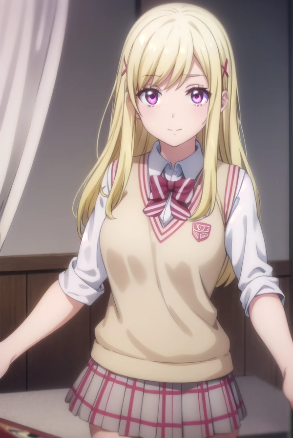 urarashiraishi, <lora:urara shiraishi s1-lora-nochekaiser:1>,
urara shiraishi, long hair, blonde hair, (pink eyes:1.3), hair clip, x hair ornament, smile,
BREAK skirt, bow, school uniform, jacket, plaid, plaid skirt, sweater vest, shirt, white shirt, colla...