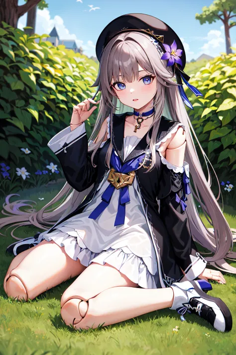 masterpiece, best quality, highres, aaherta, long hair, grey hair, hair flower, beret, black headwear, joints, choker, key, sailor collar, shoulder cutout, white dress, detached sleeves, <lora:herta_v1:0.7>, wariza, garden,