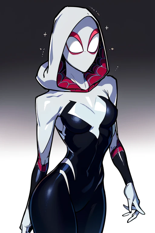 masterpiece,best quality,extreme detail,8k,image sharpness,<lora:Gwen:1>,gwendolyn,1girl,solo,breasts,looking at viewer,medium breasts,cowboy shot,hood,gradient,gradient background,bodysuit,mask,hood up,black bodysuit,animification,superhero,silk,spider we...