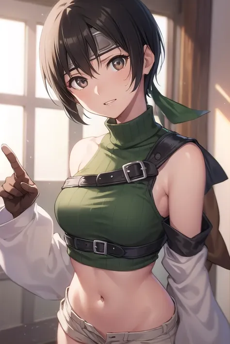 yuffiekisaragi, <lora:yuffie kisaragi v2-lora-nochekaiser:1>, 
yuffie kisaragi, (black hair:1.5), (brown eyes:1.7), short hair, pixie cut,
BREAK crop top, fingerless gloves, fishnet thighhighs, fishnets, forehead protector, gloves, headband, navel, short s...