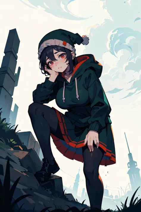 sitting, hand on own face, tired, head tilt, BREAK 12 year old female facing down, forehead, crimson eye, aroused face, lovely medium breasts, hoodie, (beanie), skirt, piercing, pantyhose, BREAK (white background:1.3), rain, rainy, rain...