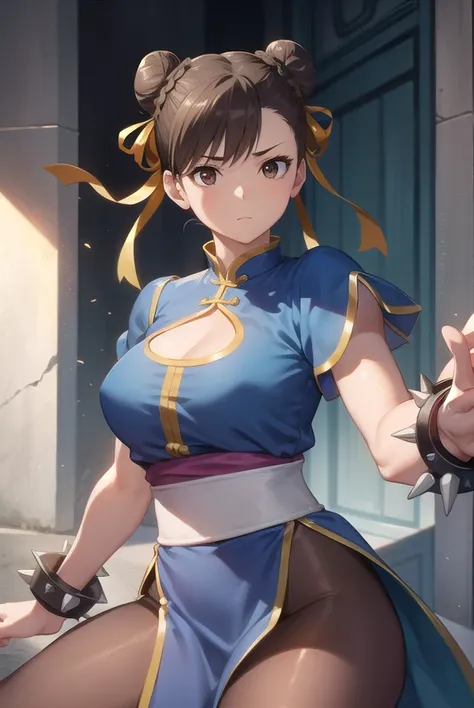 chunli, <lora:chun li v2-lora-nochekaiser:1>,
chun li, (brown eyes:1.7), brown hair, (bun cover:1.5), double bun, eyeliner, hair bun, lipstick, makeup, pink lips,
BREAK blue dress, boots, bracelet, brown pantyhose, china dress, chinese clothes, cross-laced...