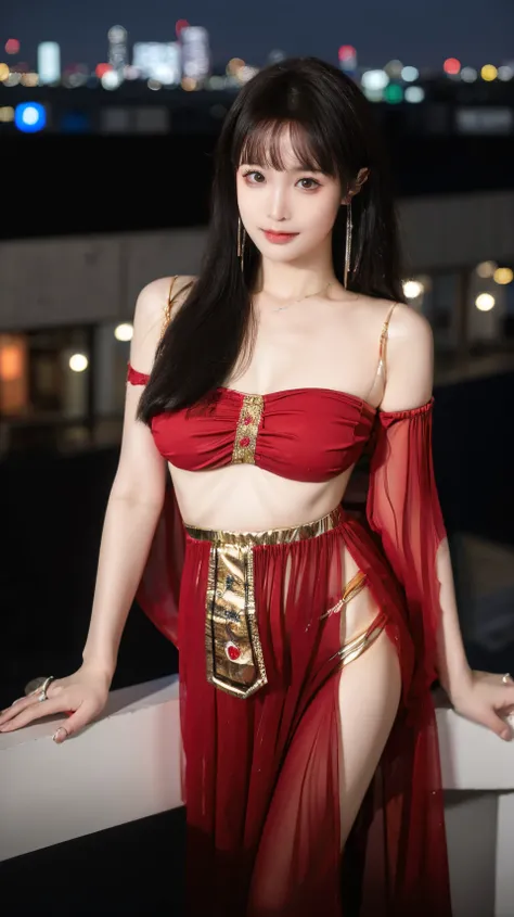 best quality,HDR,UHD,8K,Vivid Colors,solo,photo_(medium),pov,cute & girly,(night:1.4),(looking at viewer:1.5),tokyo (city),rooftop,standing,<lora:rc36:0.8>,rc,breasts,jewelry,midriff,red dress,<lora:momo:0.5>,