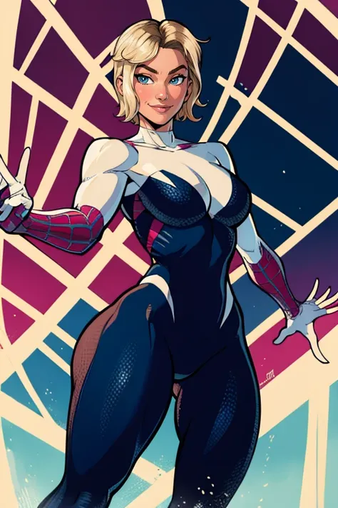 masterpiece,best quality,extreme detail,8k,image sharpness,<lora:Gwen:0.8>,gwendolyn,1girl,solo,smile,short hair,blue eyes,blonde hair,superhero,spider web sprint,standing pose, (curvy)