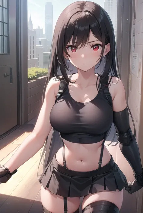 tifalockhart, <lora:tifa lockhart v2-lora-nochekaiser:1>,
tifa lockhart, black hair, long hair, (low-tied long hair:1.5), (red eyes:1.5), swept bangs, single sidelock,
BREAK arm guards, bare shoulders,  black skirt, black sports bra, black thighhighs, coll...