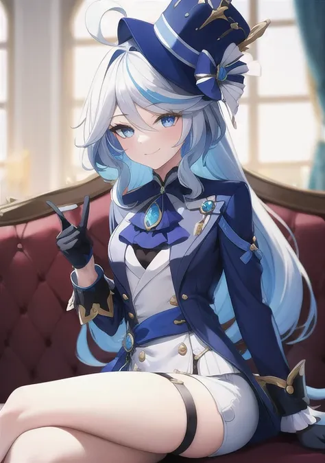 <lora:furina:0.6>furina, 1girl, solo, long hair, looking at viewer, smile, bangs, blue eyes, gloves, long sleeves, hat, jewelry, sitting, closed mouth, blue hair, jacket, ahoge, white hair, multicolored hair, shorts, black gloves, indoors, blurry, streaked...
