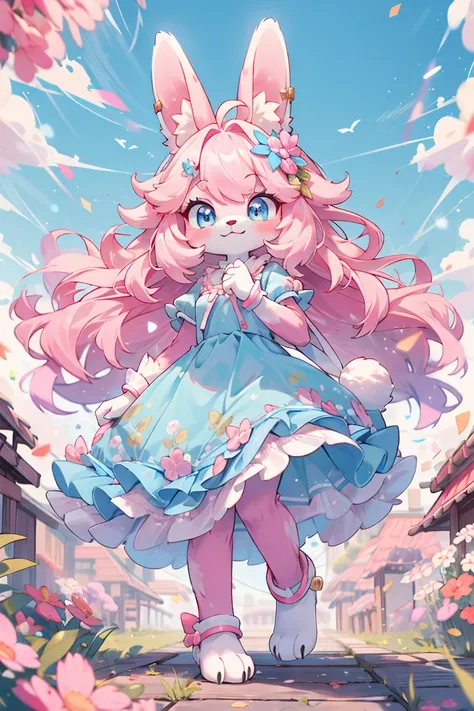 (best fluffy hands:0.7),From front, full body,best quality,( masterpiece,ultra detailed 8k art),Fluffy body,Fluffy,(anthro),focus furry rabbit 1 girl, (Close up 1 girl:0.7),smile,pink rabbit ears,blue eyes, princess, sky blue dress, pink to magenta gradati...