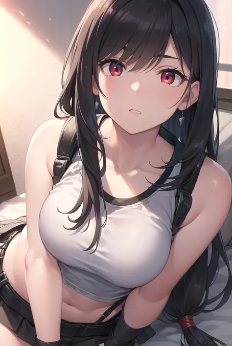 tifalockhart, <lora:tifa lockhart v2-lora-nochekaiser:1>,
tifa lockhart, black hair, long hair, (low-tied long hair:1.5), (red eyes:1.5), swept bangs, single sidelock,
BREAK arm guards, bare shoulders,  black skirt, black sports bra, black thighhighs, coll...