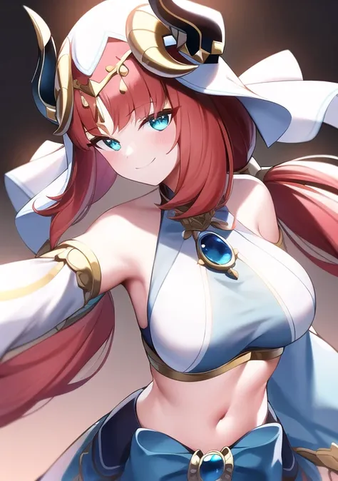 <lora:nilou:0.7>,1girl, solo, long hair, breasts, looking at viewer, smile, bangs, skirt, simple background, long sleeves, white background, bow, navel, bare shoulders, twintails, jewelry, medium breasts, closed mouth, red hair, detached sleeves, horns, midriff, puffy sleeves, stomach, nail polish, aqua eyes, blue skirt, crop top, parted bangs, low twintails, blue bow, brooch, gem, veil, puffy long sleeves, blue nails, gold trim, circlet, fake horns, bracer, neck ring, blue gemstone, dancer, harem outfit