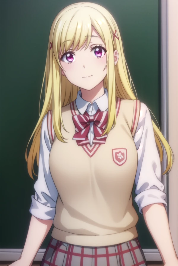 urarashiraishi, <lora:urara shiraishi s1-lora-nochekaiser:1>,
urara shiraishi, long hair, blonde hair, (pink eyes:1.3), hair clip, x hair ornament, smile,
BREAK skirt, bow, school uniform, jacket, plaid, plaid skirt, sweater vest, shirt, white shirt, colla...