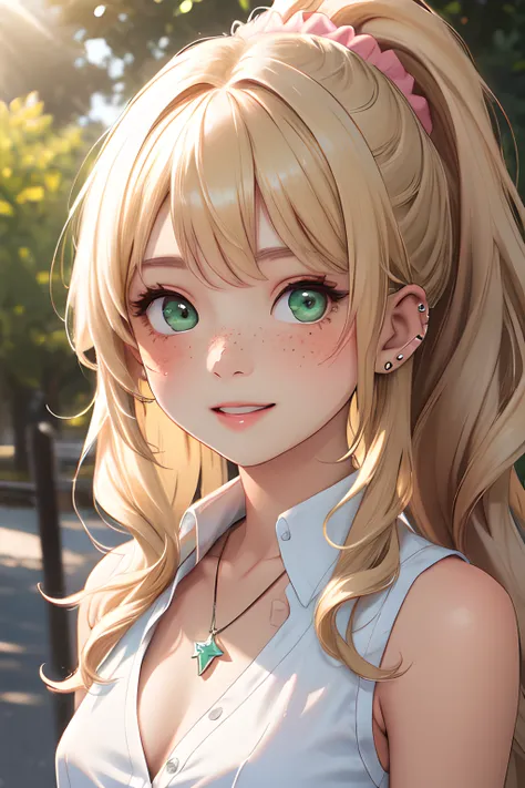 (masterpiece, best quality), 1girl, solo, face, parted lips, looking at viewer, light blush, light smile, pendant, ear piercing, long eyelashes, blonde hair, long wavy hair, high ponytail, asymmetrical bangs, green eyes, freckles, pale skin, outdoors, park...