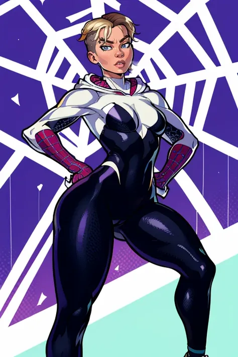 masterpiece,best quality,extreme detail,8k,image sharpness,<lora:Gwen:1>,gwendolyn,1girl,solo,breasts,looking at viewer,short hair,blue eyes,blonde hair,medium breasts,standing,full body,ass,parted lips,shoes,hood,lips,hand on hip,bodysuit,piercing,hood do...