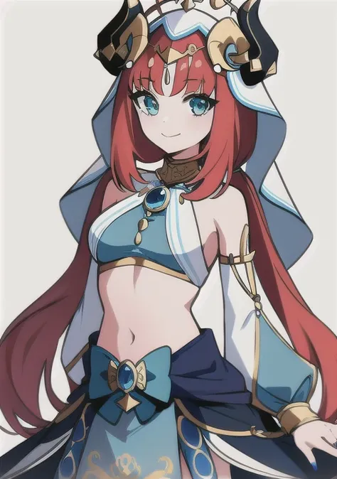 <lora:nilou:0.7>,1girl, solo, long hair, breasts, looking at viewer, smile, bangs, skirt, simple background, long sleeves, white background, bow, navel, bare shoulders, twintails, jewelry, medium breasts, closed mouth, red hair, detached sleeves, horns, mi...