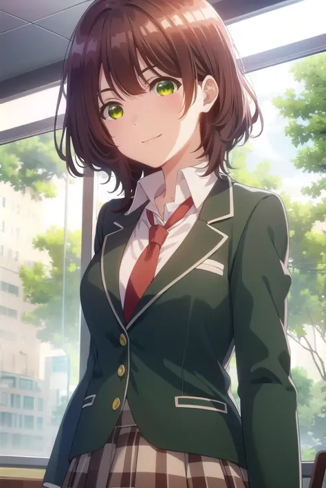 aoihinami, <lora:aoi hinami s1-lora-nochekaiser:1>,
aoi hinami, short hair, bangs, brown hair, (green eyes:1.5), smile,
BREAK skirt, shirt, long sleeves, school uniform, jacket, white shirt, pleated skirt, necktie, collared shirt, plaid, plaid skirt, blaze...