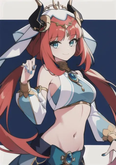 <lora:nilou:0.7>,1girl, solo, long hair, breasts, looking at viewer, smile, bangs, skirt, simple background, long sleeves, white background, bow, navel, bare shoulders, twintails, jewelry, medium breasts, closed mouth, red hair, detached sleeves, horns, midriff, puffy sleeves, stomach, nail polish, aqua eyes, blue skirt, crop top, parted bangs, low twintails, blue bow, brooch, gem, veil, puffy long sleeves, blue nails, gold trim, circlet, fake horns, bracer, neck ring, blue gemstone, dancer, harem outfit