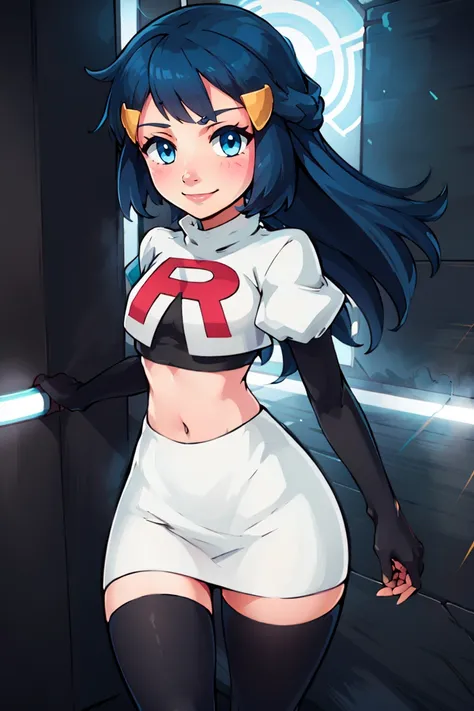 <lora:Cosplay_TeamRocket_v2:0.8>, ((masterpiece,best quality)), Cosplay_TeamRocket, white jacket, cropped jacket, white skirt, elbow gloves, black thighhighs, zettai ryouiki, 1girl, solo, dawn (pokemon), blue eyes, blue hair, long hair, hairclip, blush, sm...