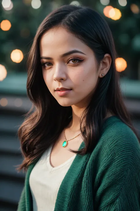 photo of (EPP4l4kS1ndhw4n1:0.99), closeup portrait, perfect hair, (modern photo, [ Bag: A structured geometric handbag with bold colors. |Bell sleeve cardigan]), 24mm, (analog, cinematic, film grain:1.3), ((celestial palace of everlasting light, fiberglass...