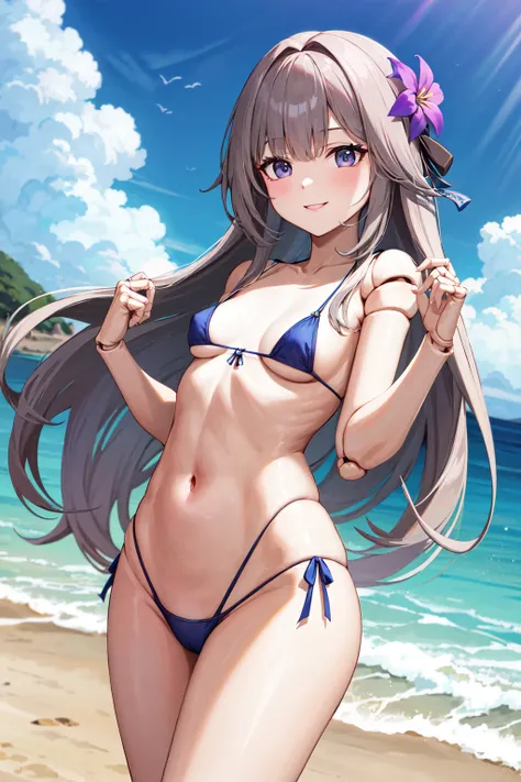 masterpiece, best quality, highres, aaherta, long hair, grey hair, hair flower, joints, <lora:herta_v1:0.7>, small breasts, standing, micro bikini, beach, smile,