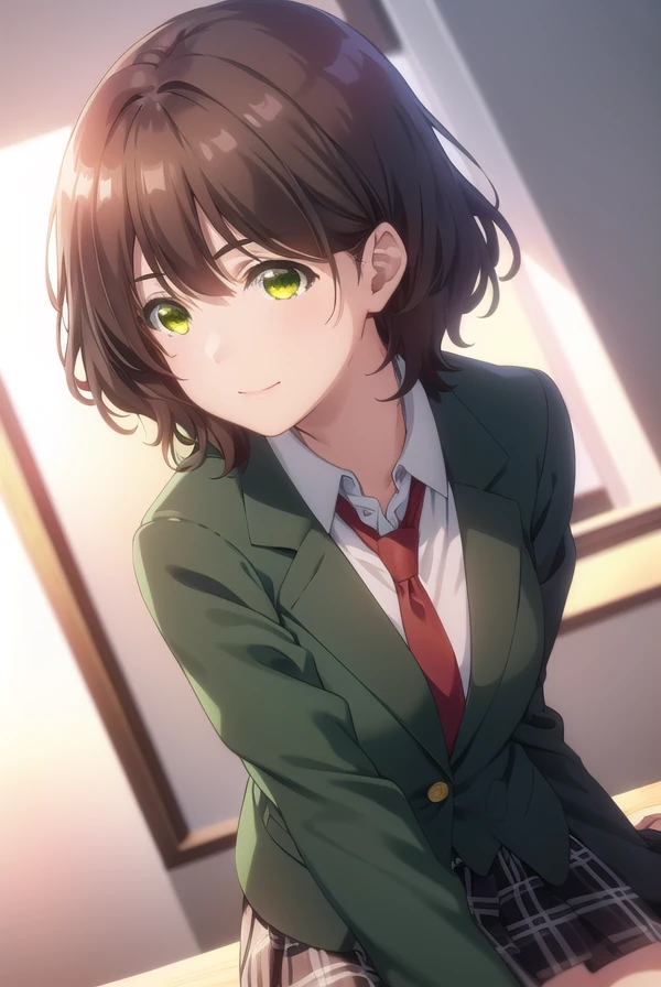aoihinami, <lora:aoi hinami s1-lora-nochekaiser:1>,
aoi hinami, short hair, bangs, brown hair, (green eyes:1.5), smile,
BREAK skirt, shirt, long sleeves, school uniform, jacket, white shirt, pleated skirt, necktie, collared shirt, plaid, plaid skirt, blaze...