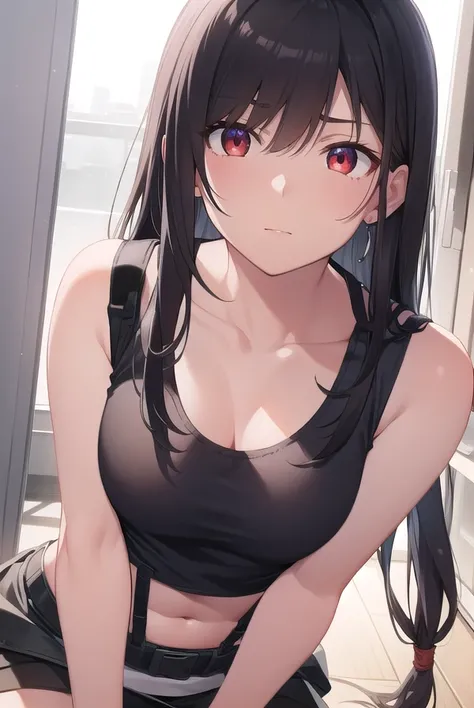 tifalockhart, <lora:tifa lockhart v2-lora-nochekaiser:1>,
tifa lockhart, black hair, long hair, (low-tied long hair:1.5), (red eyes:1.5), swept bangs, single sidelock,
BREAK arm guards, bare shoulders,  black skirt, black sports bra, black thighhighs, coll...