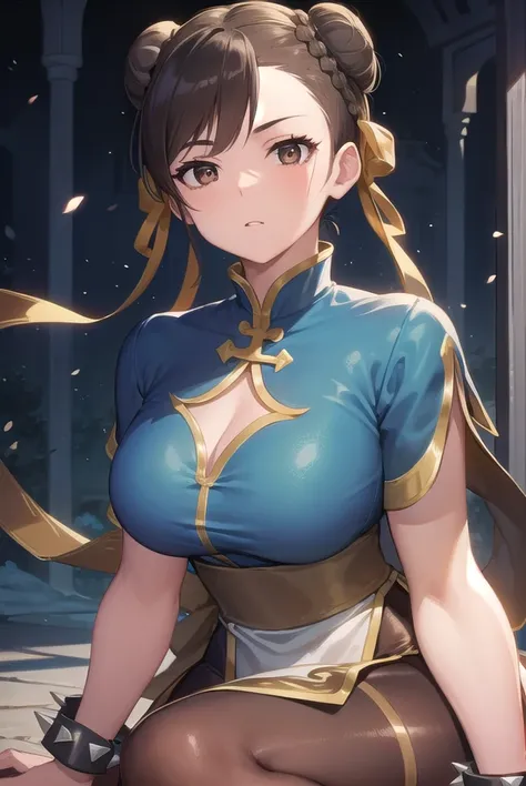 chunli, <lora:chun li v2-lora-nochekaiser:1>,
chun li, (brown eyes:1.7), brown hair, (bun cover:1.5), double bun, eyeliner, hair bun, lipstick, makeup, pink lips,
BREAK blue dress, boots, bracelet, brown pantyhose, china dress, chinese clothes, cross-laced...
