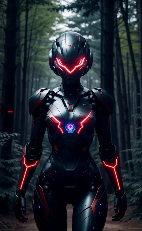a robot in a forest with a red light on his face, concept art inspired by Eve Ryder, cgsociety contest winner, sots art, female mecha, beutiful girl cyborg, helmet