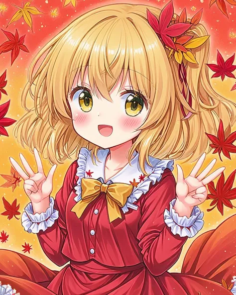 aki shizuha,1girl, sample_watermark, solo, open_mouth, traditional_media, :d, red_ribbon, long_sleeves, looking_at_viewer, leaf_hair_ornament, hair_ribbon, red_dress, marker_(medium), fang, cowboy_shot, frilled_shirt_collar, autumn_leaves, leaf_print, yell...